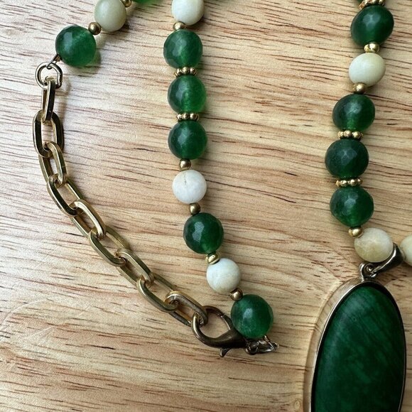 Vintage Green White Nephrite Jade Pendant Necklace‎ Gold Plated Beads Spacer 22" - Picture 3 of 8